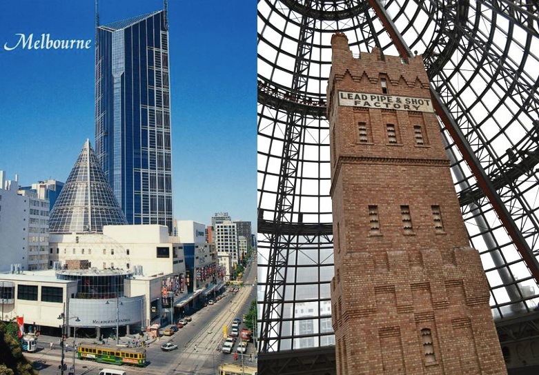 Left – Postcard featuring Melbourne Central in the early 1990s. Right – The Coop's Shot Tower, Michael Brady Photography.